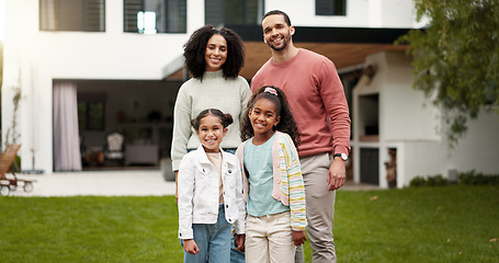 Image showing Mother, father and happy family portrait outdoor with a smile, love and care in a backyard. Young latino woman and man or parents and kids together in home garden for quality time, peace and fun