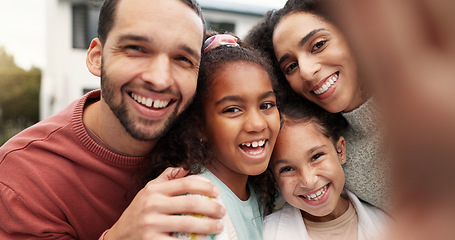 Image showing Family, selfie and children outdoor with a smile, love and care in home backyard. Face of young latino woman, man or parents for a picture with happy kids for social media post or profile picture