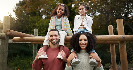 Image showing Happy family, relax and park in nature for holiday, weekend of fun bonding together in the outdoors. Portrait of Father, mother and children relaxing or enjoying time outside on piggyback in forest