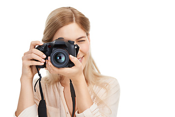 Image showing Photographer, camera and focus with woman and creative, take picture for art and photo journalist on white background. Mockup space, creativity and photography in studio for content creation and lens