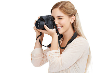 Image showing Photographer, camera and focus with woman and photography take picture for art and photo journalist on white background. Mockup space, creativity and lens in studio for content creation with tech