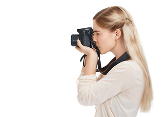 Image showing Photographer, camera and focus with woman and profile, take picture for art and photo journalist on white background. Mockup space, creativity and photography in studio for content creation with tech