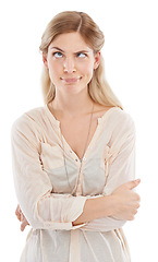 Image showing Funny face, crazy and squint with woman arms crossed in studio isolated on white background for humor. Emoji, comedy and confident young comic feeling silly, goofy or quirky with weird body language