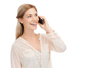 Image showing Woman, phone call and communication with smile and conversation in studio with mockup space on white background. Chat, mobile and technology with connection, contact and network for discussion