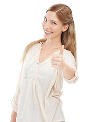 Image showing Thumbs up, yes and like emoji with woman in portrait for agreement, support and success on white background. Hand gesture, feedback or review with vote, decision and smile for thank you in studio