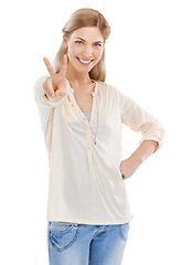 Image showing Smile, peace sign and portrait of woman in studio isolated on a white background. Happy, fingers and v hand gesture, emoji and young model with symbol for victory, success and winning on social media