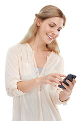Image showing Woman, smartphone and chat online for communication, social media and smile for email or text on white background. Tech, mobile app and using phone with network, connectivity and happy in studio