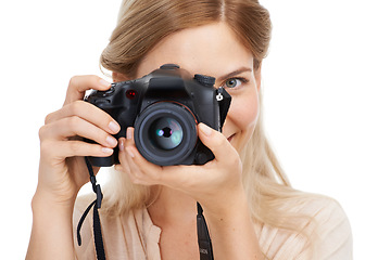 Image showing Photographer, camera lens and focus with woman and creative, take picture for art and photo journalist on white background. Press, creativity and photography in studio for content creation with tech