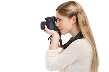 Image showing Photographer, camera lens and focus with woman and profile, picture for art and photo journalist on white background. Mockup space, creativity and photography in studio for content creation with tech