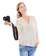 Image showing Portrait, photographer and smile of woman with camera in studio isolated on a white background. Confident person, creative paparazzi and technology for hobby, taking pictures or professional shoot