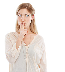 Image showing Woman, finger to lips for secret and gossip in studio, private and confidential information on white background. News, announcement and whisper, quiet gesture or emoji for privacy with noise or voice
