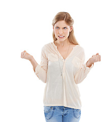 Image showing Woman, angry and frustrated with stress and fist, conflict or fight with bad attitude and upset on white background. Crisis, drama or problem in studio with annoyed expression, rage and reaction