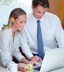 Image showing Happy couple, laptop and apple for breakfast, healthy meal or morning nutrition in kitchen at home. Man and woman on computer in digital with green organic fruit and coffee for diet or wellness