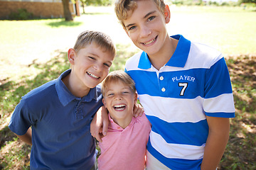 Image showing Children, portrait and smile in backyard as brothers for bonding connection, playing or summer holiday. Boys, kids and face on grass in sunshine for relax family fun for vacation, friendship or youth