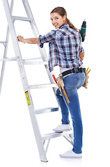 Image showing Woman, portrait and ladder with drill for renovation maintenance or construction worker for diy, inspection or remodel. Female person, face and white background in studio or power tool, job or mockup