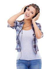 Image showing Woman, portrait and headphones for listening to music in studio for audio entertainment, track or white background. Female person, smile and headset for radio techno, subscription or mockup space