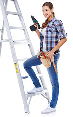 Image showing Woman, ladder and drill as construction worker for remodeling as handyman for building, maintenance or power tools. Female person, studio and white background for diy improvement, project or mockup