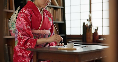 Image showing Ink, writing and hands of Japanese woman for traditional script on paper, documents and page. Creative, Asian culture and person with vintage paintbrush tools for calligraphy, font and text in home