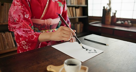 Image showing Hands, writing and Japanese woman for traditional script on paper, documents and letters in home. Creative, Asian culture and person with paintbrush tools for calligraphy, font and text in house
