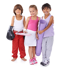 Image showing Portrait, sports and wellness with children friends in studio isolated on white background for exercise or training. Health, fitness and kids together for tennis game, yoga or boxing workout