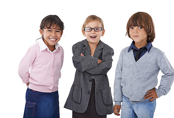 Image showing Portrait, kids with business clothes and friends in studio isolated on white background to imagine career. Smile, work or job with boy and girl children in professional suit clothing for profession