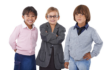 Image showing Portrait, children with formal clothes and friends in studio isolated on white background to imagine career. Smile, work or job with boy and girl kids in business suit clothing for profession