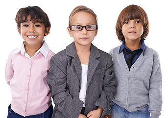 Image showing Portrait, children with business clothes and friends in studio isolated on white background to imagine career. Smile, work or job with boy and girl kids in corporate suit clothing for profession