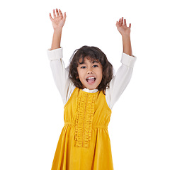 Image showing Girl, kid and excited with arms up for celebration, party and happiness on white background. Cheers, positivity and energy with youth, winner and goals with yes reaction, achievement and success