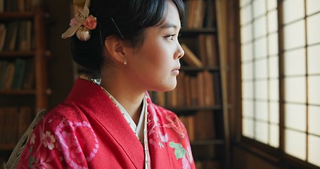 Image showing Japanese, woman and kimono to relax with tradition, tea ceremony and thinking in Chashitsu room with ideas. Thoughtful, person or vintage dress fashion for temae, ritual and waiting for hospitality