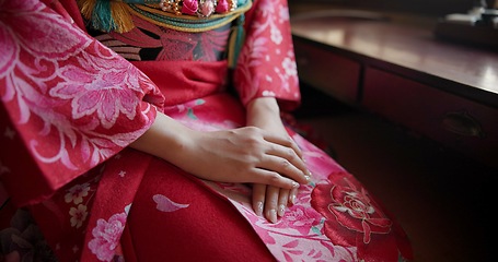 Image showing Closeup, hands together and Japanese woman with traditional clothes and praying with religion. Person, culture and routine with girl or home with outfit and peaceful with stress relief and meditation