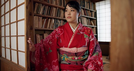 Image showing Japanese, woman and kimono with relax for culture, tea ceremony and thinking or ideas in Chashitsu. Thoughtful, person and vintage dress or fashion for temae, ritual and waiting for hospitality