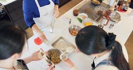 Image showing Japan, women and chef in kitchen with preparation for food, Japanese cuisine and healthy meal in restaurant. Cooking, people and traditional lunch with top view or dumplings for dinner and culture