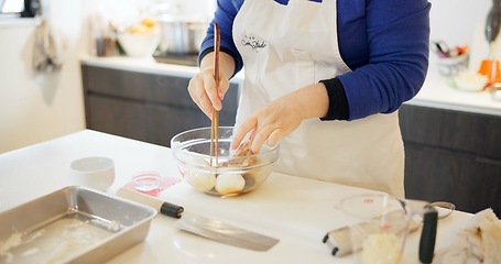 Image showing Cooking class, restaurant and hands with Japanese food in a kitchen with chef and learning professional skill. Student, ramen and Asian cuisine course with person together working in a bowl with soya