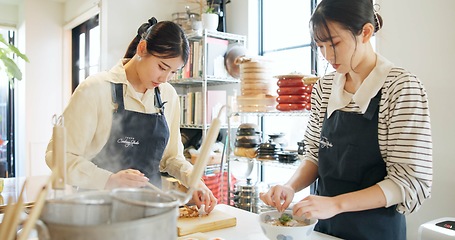 Image showing Cooking class, restaurant and women with Japanese food in a kitchen with chef and learning professional skill. Student, education and Asian cuisine course with people together working on skills