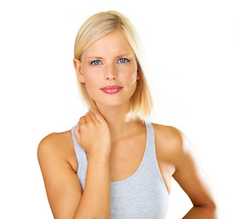 Image showing Woman, portrait and blonde with blue eyes in fashion or style on a white studio background. Face of attractive or gorgeous young female person or caucasian in satisfaction or natural beauty on mockup