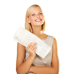 Image showing Happy woman, portrait and newspaper in literature, knowledge or reading on a white studio background. Female person or blonde smile with document or paper for education, information or news on mockup