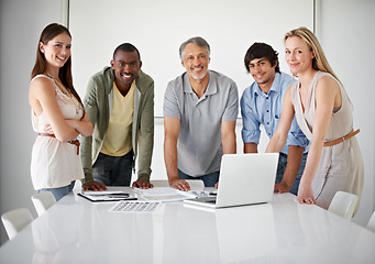 Image showing Portrait, business people and group with a laptop, planning and collaboration with internet, meeting and employees. Manager, men and women with a computer, cooperation and project with technology