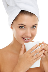 Image showing Skincare, portrait or woman with coffee in studio relax with self care, cleaning or me time on white background. Beauty, face or female model with green tea for detox, wellness or after shower pamper