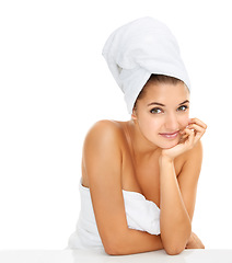 Image showing Towel, cosmetics studio and portrait of happy woman for morning routine, self care treatment or grooming. Washing, table and person smile for skincare, hygiene bath or wellness on white background