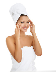 Image showing Shower, skincare and hands on face of woman in studio for wellness, routine or pamper on white background. Portrait, smile or model with body care, cleaning or cosmetic, routine or treatment results