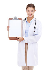 Image showing Empty, clipboard and happy portrait of doctor in white background, studio and mock up space. Medical, information and woman with checklist, presentation and board with news in health or insurance