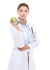 Image showing Apple, woman or doctor in portrait for wellness, detox or benefits isolated on white background. Medical professional, serious or nurse in studio to promote healthcare, healthy diet or nutrition