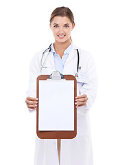 Image showing Blank, clipboard and happy portrait of doctor in white background, studio and mock up space. Medical, information and woman with checklist, presentation and board with news in health and insurance