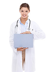 Image showing Sign, board and happy portrait of doctor in white background, studio and mock up space. Medical, information and woman with poster, presentation and paper for news in healthcare, hospital or clinic