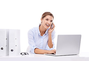 Image showing Phone call, laptop and administration with business woman in studio isolated on white background. Research, communication and networking with happy young employee speaking on mobile for contact