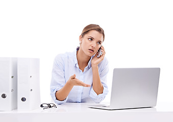 Image showing Laptop, stress and woman on a phone call in studio for appointment information at secretary desk. Communication, upset and female receptionist on mobile conversation with computer by white background