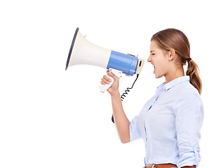Image showing Megaphone, announcement and business woman shouting at company rally in studio isolated on white background. Protest, information and loudspeaker with young employee yelling on space for speech