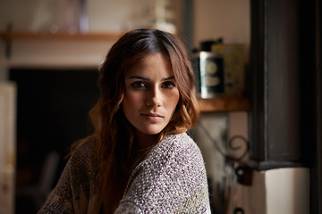 Image showing Portrait, beauty and a young woman in house alone to relax in kitchen of apartment. Pretty face, confident girl in home and attractive female person, facial expression and profile picture in Spain