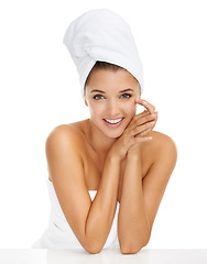 Image showing Shower, portrait and happy woman in studio for body care, wellness or bathroom routine on white background. Face, beauty and female model with cosmetic satisfaction, glowing skin or DIY spa pamper