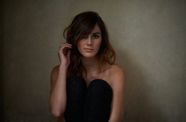 Image showing Hair care, cosmetic and portrait of young woman in studio with natural, salon and beauty treatment. Health, wellness and female person with long hairstyle routine for confidence by brown background.